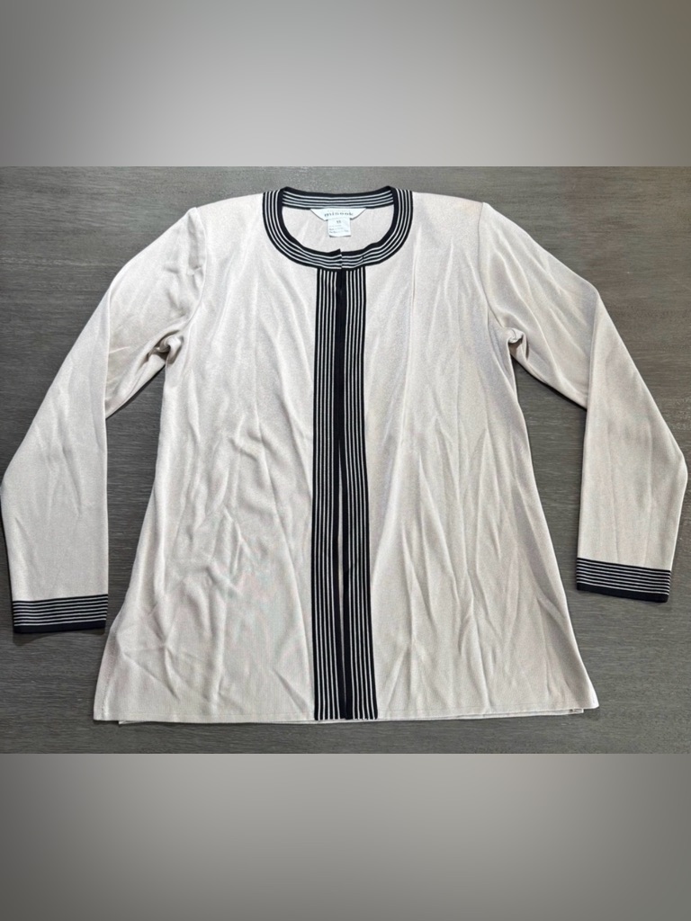 Misook Tan Beige Black Striped Designer Sweater Cardigan Xs